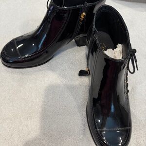 Chanel 15A CC Patent Leather Side Lace Up Booties Black CC Logo size 39